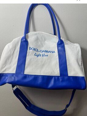 Dolce & Gabbana Light Blue Logo Duffle Gym Bag – White Blue Canvas – Unisex New